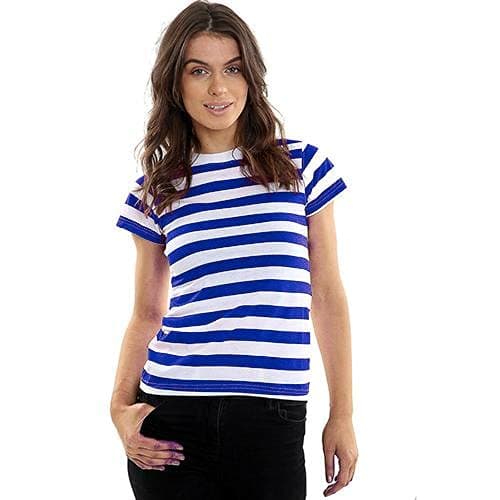 Image of GW CLASSY OUTFIT Ladies Womens Striped T Shirts T Shirt Tops Vest Cotton Blend Fancy Dress S-XL (Blue & White Stripe, L-XL 16-18)