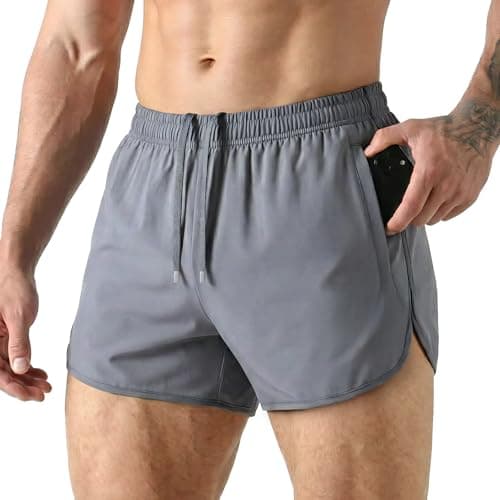 Image of Jupmov Men's 3 Inch Side Split Running Shorts,Lightweight Quick Dry Gym Workout Shorts with Zipper Pockets Sports Training(Dark Grey,L)
