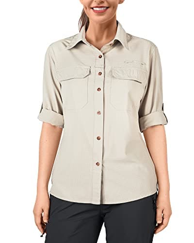 Image of 33,000ft Women's Hiking Shirts UPF50+ UV Protection Outdoor Shirt Quick Drying Casual Shirt Long Sleeve Functional Shirt Fishing Shirt for Walking Safari Golf Light Khaki M