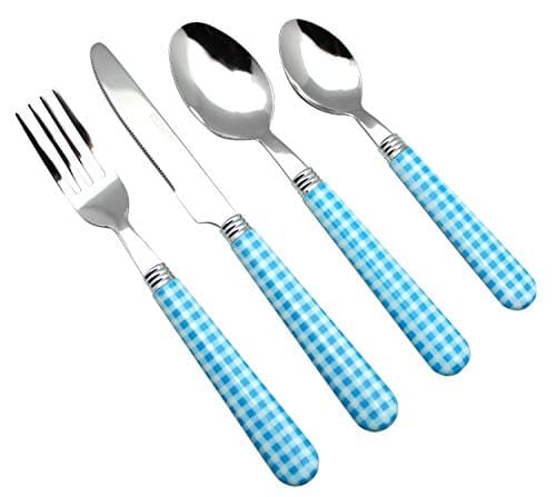 Image of EXZACT Cutlery Set 24pcs Stainless Steel with Gingham Check Coloured Handles - 6 x Forks, 6 x Dinner Knives, 6 x Table Spoons, 6 x Tea Spoons (Blue x 24 pcs)