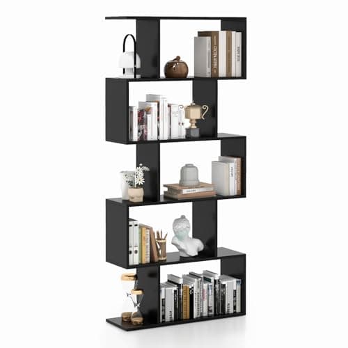 Image of COSTWAY S-Shaped Wooden Bookcase, 5/6 Tiers Freestanding Storage Shelf, Home Office Industrial Decorative Bookshelf Display Stand Rack (Black, 70 x 24 x 158 cm)