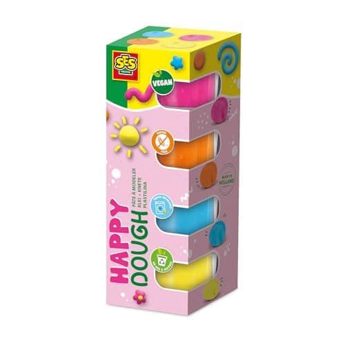 Image of SES Creative Feel Good Happy Vegan Gluten-Free Play Dough, for 1 Year olds, Hot Pink, Light Blue, Orange, Yellow
