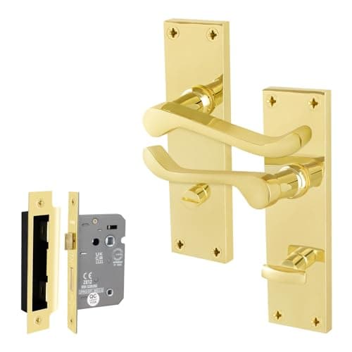 Image of EAI Brass Victorian Scroll Bathroom Handle Set, 1 Pair Polished Brass Internal Lever Door Handles on Backplate and Lock 64mm
