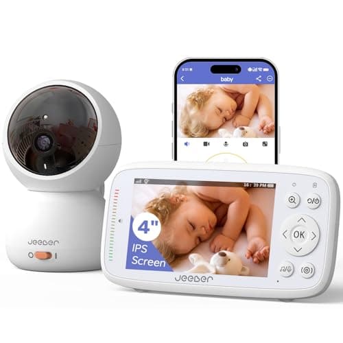Image of jeeber 1080P Wifi Video Baby Monitor with App, 4'' IPS Screen, HD Night Vision, Motion & Cry Detection, 360° PTZ Camera, Two-Way Talk, Lullabies, Temperature Sensor, Feeding Reminder, Virtual Fence
