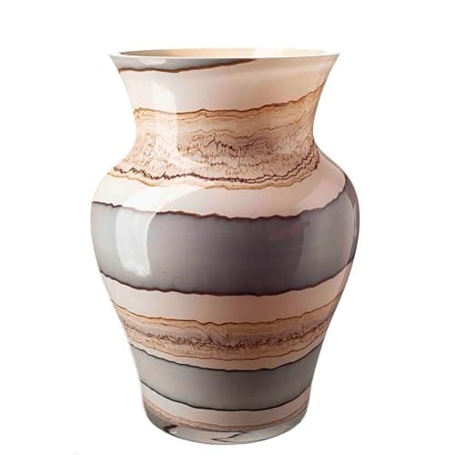 Image of Mouth Blown Glass Urn Shape Vase, Cream, Green and Grey Design (Smoked Meadows) 26cm Height, Width 18cm