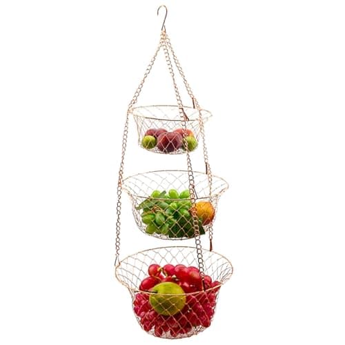 Image of Neptuiby Hanging Fruit Basket, 3-Tier Metal Hanging Baskets for Kitchen with Foldable Design, Sturdy Iron Storage Organizer for Fruits and Vegetables Rose Gold