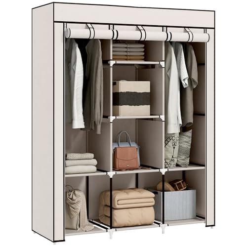 Image of HOMCOM Fabric Wardrobe, Portable Wardrobe, Clothes Storage Unit with 8 Shelves, 2 Hanging Rods, 125 x 43 x 162.5 cm, Cream White