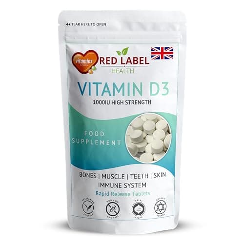 Image of Red Label Health Vitamin D3 1000 IU, Pack of 30 Vitamin D Tablets (1 Month Supply), Healthy Teeth & Bones, Supports Immune System, High Strength Vitamin D Supplement for Men & Women, UK-Made