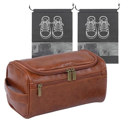 Image of Mens Toiletry Bag, Leather Wash Bag for Men Travel with 2 PCS Dustproof Drawstring Storage Bags, Multi-Functional Portable Toiletries Bag for Men, Ideal Travel Gifts