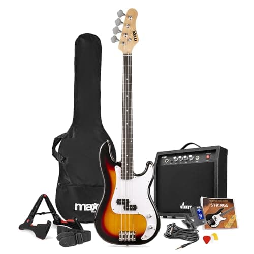 Image of MAX Gigkit Electric Beginner Bass Guitar Pack in Sunburst Finish – Ideal Learner Bass Guitar Starter Pack with 15W Amplifier, Accessories, & 6 Months Lessons – Perfect for Beginners
