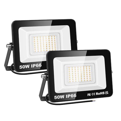 Image of PICAA 2PCS 50W LED Flood Lights Outdoor, Super Bright Security Lights, IP66 Waterproof Floodlight, Warm White (3500K) Wall Light, Perfect for Garden, Yard, Garage, Patio,Warehouse, Parking Lot