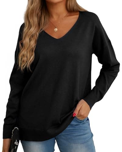 Image of GRECERELLE Women's Casual Jumpers Sweatshirt Ladies Classic Plain Pullover Knit V Neck Long Sleeve Jumper Tops Blouse T-Shirt for Winter Fall Spring (Black, S)