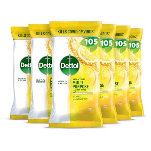 Image of Dettol Antibacterial Multipurpose Cleaning Wipes, Citrus Zest Scent, 6 Pack of 105, Total 630, Germ Protection, Surface Cleaner, Fresh Fragrance, Household Essential