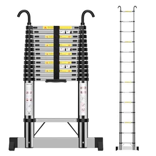 Image of Telescopic Ladder 4.7m, Stainless Steel Extendable Ladder with Hooks and stabiliser, Height Adjustment, Convenience for Home, Attic Access, etc.