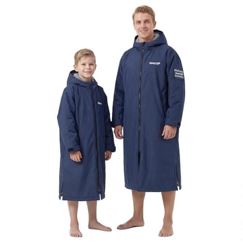 Image of Owntop Waterproof Changing Robe for Adults - Windproof Hooded Coat with Soft Warm Sherpa Fleece Lining | Customizable Patch | Oversized Dry Swimming Robe for Surf and Beach (Navy,S)