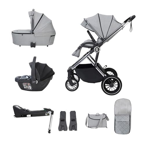 Image of Babymore Chia Travel System with Coco i-Size Infant Car Seat - Safety Tested 3 in 1 Pram Travel System with Isofix Base & All Accessories, Flip and Fold System, 0-4 Years | Up to 22 Kg (Pearl Grey)