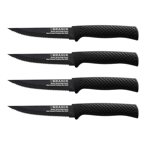 Image of BRANIK Titanium Series Steak Knife Set of 4 – Premium Steel Serrated Steak Knives, 5-Inch Blades, Non-Slip Ergonomic Handles, Dishwasher Safe – Ideal for Dining, BBQs, Dinner Parties & Gifts – Black