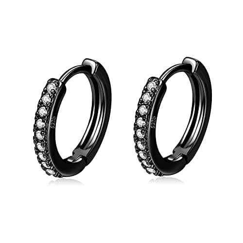 Image of Silver Hoop Earrings for Women - 925 Sterling Silver with Cubic Zirconia - Yellow/White/Rose Gold/Gold Plated - Gun Black Sleeper Cartilage Hoop Earrings (8/10/12mm)