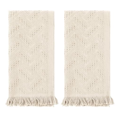 Image of HJZHII 2 Pcs Hand Towels for Bathroom, 30×13 Inch Turkish Cotton Absorbent Soft Face Towel, Boho Jacquard Weave Fringe Bath Hand Towels for Bathroom Decor Kitchen Hotel Spa Farmhouse Guest(Beige)