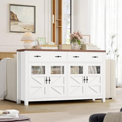 Image of FirFurd Sideboard 140cm Kitchen Sideboard Storage Cabinet Kitchen Buffet Cabinet with 4 Glass Doors 2 Drawers Adjustable Shelves Living Room Dining Room Furniture 140x40x90cm White+Brown