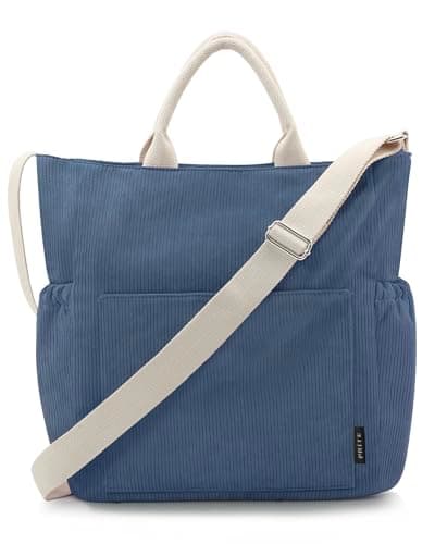 Image of Prite Corduroy Tote Bag for Women with Zipper Large Capacity Shoulder Bags with Adjustable Strap and Pockets Waterproof Handbag for Work School Shopping Travel College (Blue)
