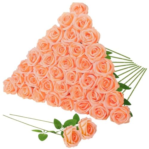 Image of saerryor 36 Pcs Peach Pink Artificial Roses with Long Stems,Fake Silk Rose Artificial Flowers Bulk for Bridal Wedding Bouquet Centerpiece Ball Arrangement Party Decor