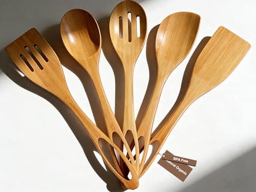 Image of Puluole 5 PCS Wooden Cooking Utensils Set - Premium Wooden Spoons for Cooking, Nonstick Wood Spatula for Cooking, Wood Bamboo Kitchen Utensils, Housewarming Gifts New Home