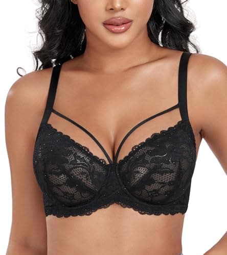Image of DotVol Women's Sexy Strappy See Through Lace Bra Plus Size Unlined Underwire Everyday Bra(Black, 38F)