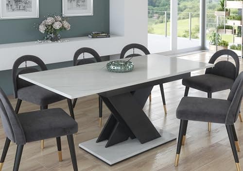Image of Furneo Tavolo 01 – Modern Extendable Dining Table Only, 120–160 cm, White Marble Effect Matt Finish, MDF