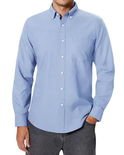 Image of siliteelon Shirts for Men Adult Oxford Long Sleeve Light Blue Smart Casual Plain Regular Fit Button Down Shirts with Pocket XL