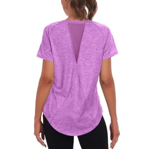 Image of Jlowesun Women's Long Gym Yoga Tops Ladies Sports T-Shirt, Short Sleeve Summer Quick Dry Fitness Athletic Workout Loose Plus Size Activewear for Running Exercise Tee Purple