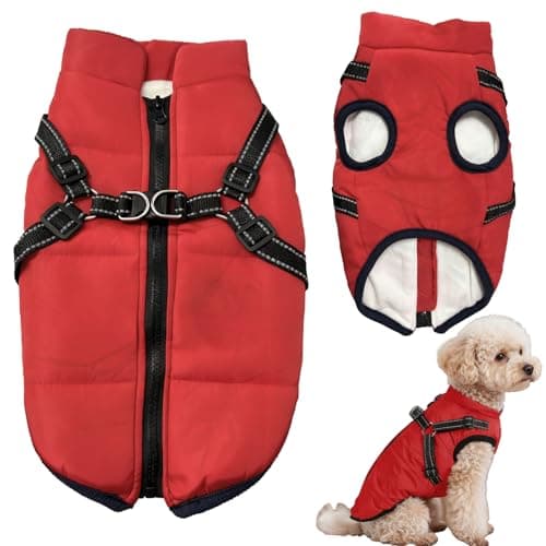 Image of Dog Coat Waterproof with Harness, Winter Warm Fleece Jacket for Medium Large Dogs, Reflective Windproof Puppy Snowsuit(Red-M)
