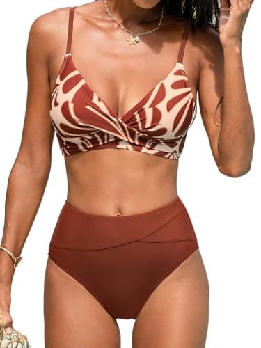 Image of CUPSHE Women's Twist Front High Waisted Bikini Set V Neck Padded Two Pieces Bathing Suits Swimsuits Beige/Brown M
