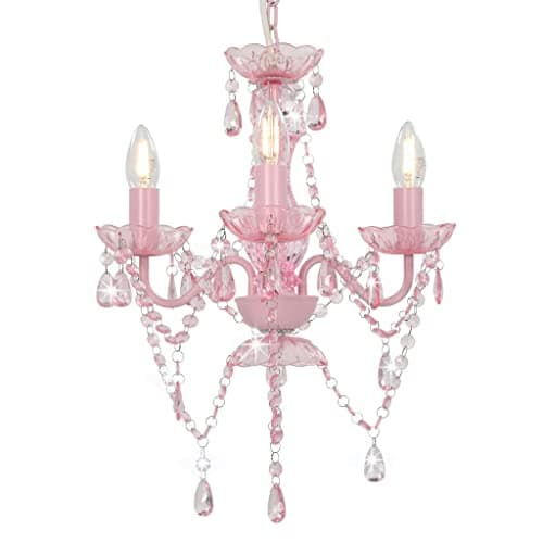 Image of vidaXL Chandelier with Pink Glittering Beads - Round 3-Light Hanging Lamp with Metal Base - Perfect for Living Room, or Hallway - Requires E14 Bulbs