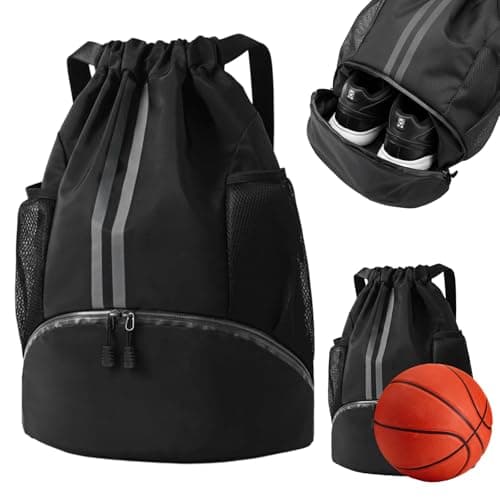 Image of Drawstring Gym Bag, Basketball Bag With Adjustable Straps, Black Drawstring Bag, Gym Backpack For Sports Equipment Travel Beach School