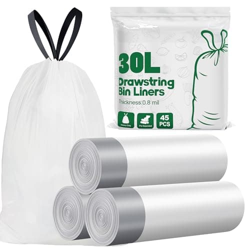 Image of Yolaist Bin Bags 30L, 20um Strong Tall Kitchen Pedal Bin Liners, 45 Counts White 30L Bin Liners with Tie Handle, Thicken, Quick Dispense