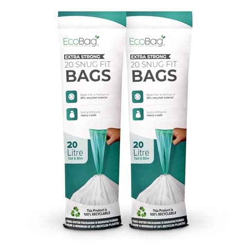 Image of EcoBag - 40 Pack White Kitchen Drawstring Bin Liner - 20L - 24 Microns - Heavy Duty, Extra Strong, Brabantia Compatible, Eco-Friendly, Tear Resistant, Clear Recycling Bags (420 x 760mm)