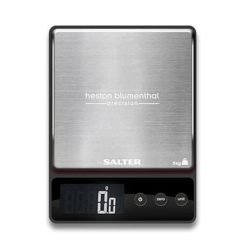 Image of Heston Blumenthal Precision by Salter Digital Kitchen Scales - Premium Compact Baking/Cooking Scale, For Weighing Food/Coffee and Liquid, 0.5 g Increments, Slim, Stainless Steel/Black