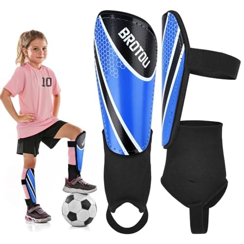 Image of Youth Football Shin Guards, BROTOU High Strength Junior Shin Pads with Calf & Ankle Protection, Lightweight Design, Breathable, Non Slip Extended Adjustable Straps, for Boys and Girls (M, Blue)