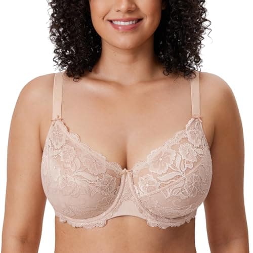 Image of DELIMIRA Women's Full Coverage Non-Foam Floral Lace Plus Size Underwired Bra Beige 38G