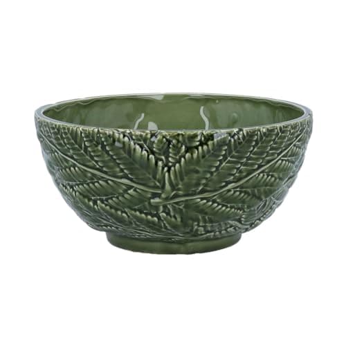 Image of Green Fern Leaf Pattern Bowl, 1x Dark Green Ceramic Botanical Serving Nibbles Display Fruit Bowl - 2 Sizes (Sold Individually) (Large)