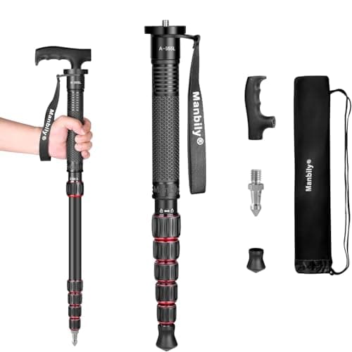 Image of Manbily Monopods for Cameras with Handle Camera Monopod Walking Stick 61inches Portable Compact Travel Monopod Aluminum Alloy Stick Selfie Stick 6 Sections 15.4lbs for DSLR Video Camcorder Stand (Red)