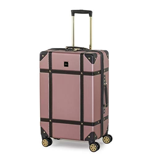 Image of Rock Vintage Medium Hard Shell Hold Suitcase in Pink - Nostalgic Design, Dual 360 Swivel-Wheels, Telescopic Handle, Impact-Resistant Material & TSA Combination Lock - 67 x 41 x 26 cm 4.1KG