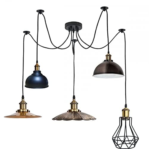 Image of DC VOLTAGE 5 Way Pendant Light Industrial Metal Lampshade E27 Lamp Holder 195cm Height Adjustable Ceiling Hanging Spider Lighting Fixture for Restaurant, Cafe, Bar