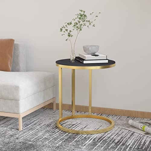 Image of Natulvd C-Shaped Side Table with Glass Top, Bedside Table, Small Sofa Side Table, Coffee Table with Metal Frame, Industrial for Living Room, Bedroom Φ45 x 58 cm (Black Glass)
