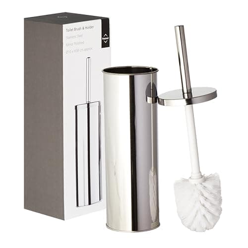 Image of Premier Housewares Toilet Brush & Holder | Chrome Metal Toilet Set | Attached Lid Cleaner | Free Standing Loo Reflective with White Bristles
