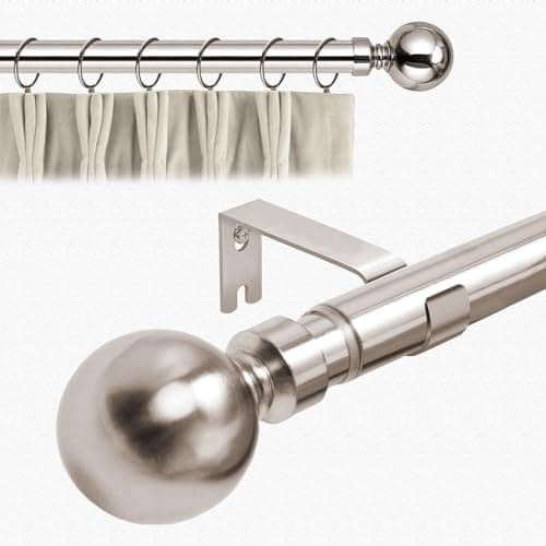Image of Aspire Homeware Curtain Poles Metal Plain Ball Extendable Curtain Pole 160 cm to 300 cm Brushed Silver Adjustable Curtain Rod 28 mm Diameter with 60 mm Finials, Rings, Brackets, and Fittings Set