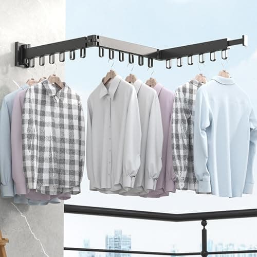 Image of Wall Mounted Clothes Drying Rack, 360° Rotating & Retractable 3-Tier Foldable Laundry Rack with Hooks, Heavy Duty Collapsible Clothing Drying Rack for Balcony, Bathroom, Bedroom, Laundry Room