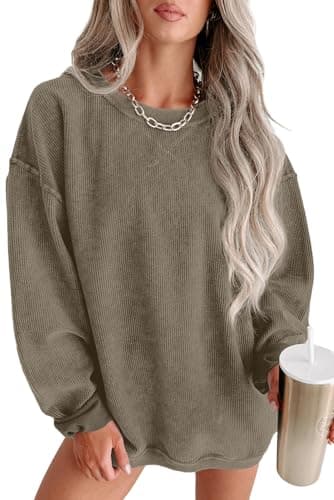 Image of QIXING Women's Oversized Sweatshirts Casual Corduroy Jumper Tops Long Sleeve Crew Neck Pullovers(Dark Khaki, M)