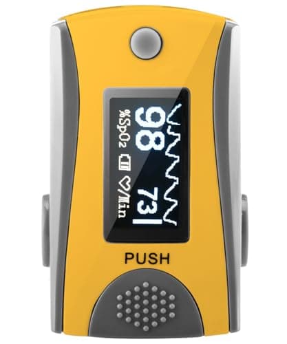 Image of BLT M70 Fingertip Pulse Oximeter CE Approved, Sats Probe SpO2 Blood Oxygen Saturation Monitor Finger with Heart Rate for Kids & Children and Adult (Includes Batteries) (Gray Yellow)